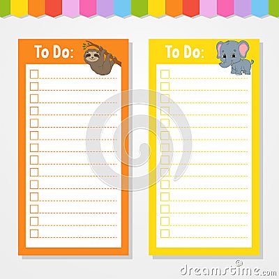 To do list for kids. Empty template. Isolated color vector illustration. Funny character. Cartoon style. For the diary, notebook, Vector Illustration