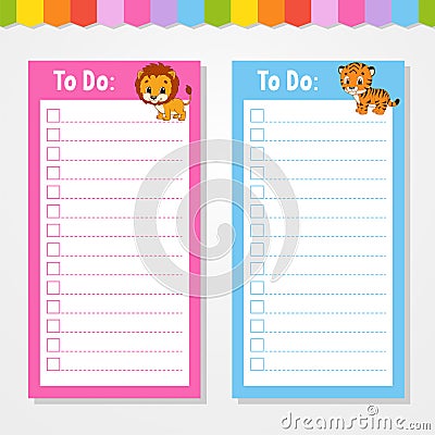 To do list for kids. Empty template. Isolated color vector illustration. Funny character. Cartoon style. For the diary, notebook, Cartoon Illustration