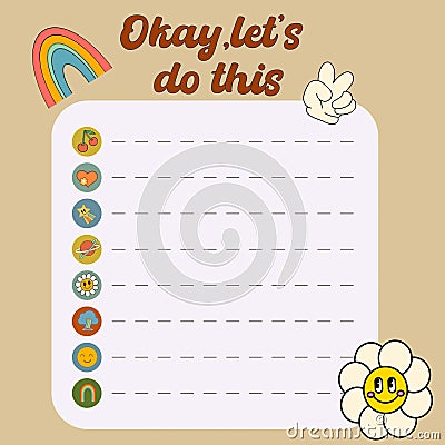To do list template. Groovy daily planner, vinrage weekly planner, note paper decorated retro 70s groovy elements Vector Illustration