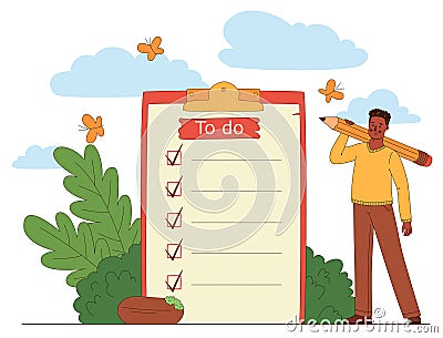 to do list, time management. Man is standing near large to do list with pencil. Plan fulfilled Vector Illustration