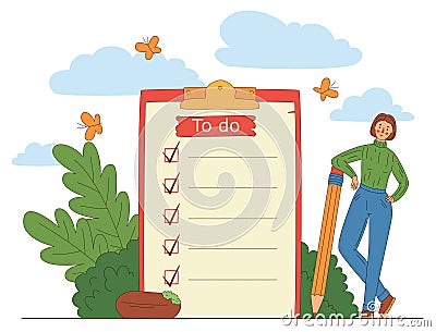 to do list, time management. Woman is standing near large to do list with pencil. Plan fulfilled Vector Illustration