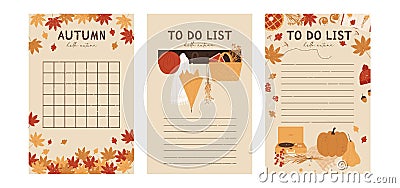 To do planner template. Daily check list cozy autumn vibes. Autumn trendy organizer elements. Harvest festival, thanksgiving day Vector Illustration