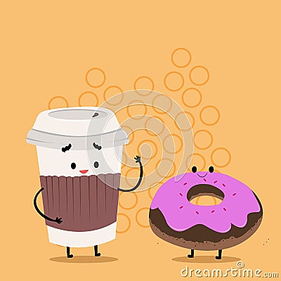 To Go Disposable Cup with Lid and Sleeve Beside Frosted Doughnut. Carry Out Coffee and Sweet Bun with Icing on Top Vector Illustration