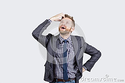 To the guy came the insight, the guy is surprised and pleased with the surprise on white background Stock Photo