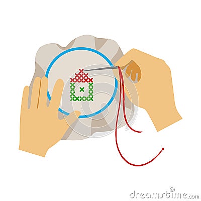 To Hands Doing Cross-Stitching Needlework, Elementary School Art Class Vector Illustration Vector Illustration