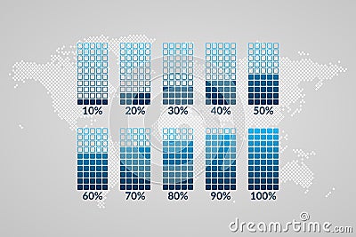 10 to 100 percent chart0s. Symbols on dotted world map background. Percentage vector infographic elements for business Vector Illustration