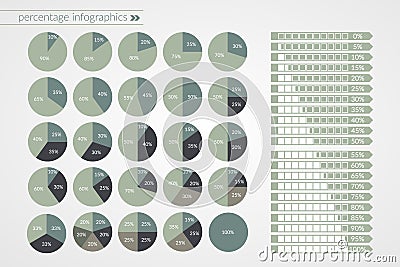 0 to 100 percent pie and arrow charts. Vector percentage infographics. Circle and line diagrams isolated. Set of business icons Vector Illustration