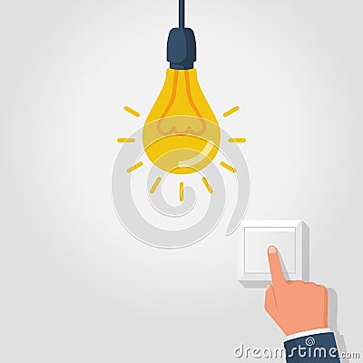 To turn on the light. The man presses the switch button with his finger Vector Illustration