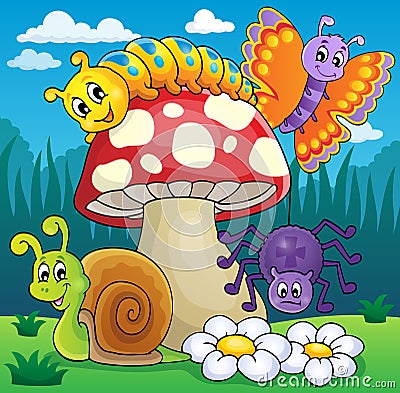 Toadstool with animals on meadow Vector Illustration