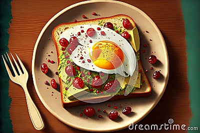 toast with avocado, boiled egg and red pomegranate seeds Stock Photo