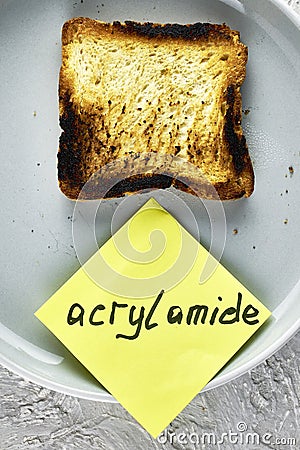 toast of burnt black bread on a plate with a warning label about the content of acrylamide Stock Photo