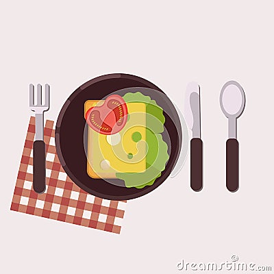 Toast with cheese, butter, tomato and green salad served on a plate with fork, knife, spoon and napkin. Healthy food. Vector Cartoon Illustration