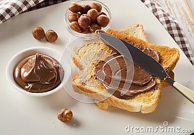 Toast with chocolate spread for a sweet breakfast Stock Photo