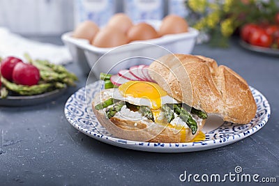 Toast with egg and asparagus for breakfast. A closed sandwich. Healthy food. Copy space Stock Photo