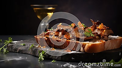Toast with fried chanterelles, on dark background. Roasted wild mushrooms on toasted slice of bread. Generative AI Stock Photo