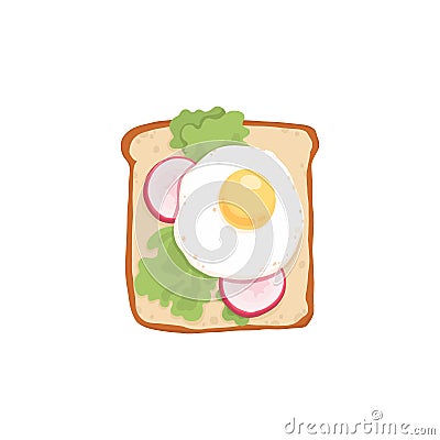 Toast with fried eggs, rucola and cream cheese on grilled bread. Sandwich with slices of fresh ingredients. Vegetarian Cartoon Illustration