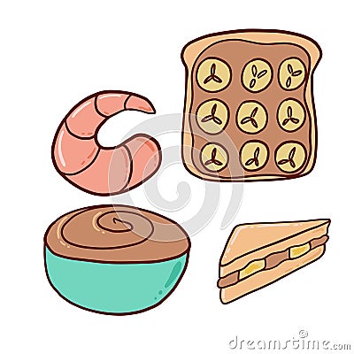 Toast with peanut butter and banana. Plate with peanut butter and shrimp Cartoon Illustration