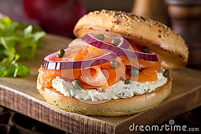 Toasted Bagel with Smoked Salmon and Cream Cheese Stock Photo