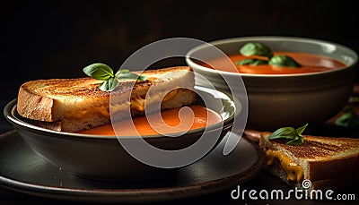Toasted baguette with fresh tomato and herbs generated by AI Stock Photo
