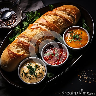 Toasted baguette with various vegetable and spicy sauces, appetizer and snack Stock Photo