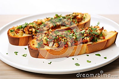 a toasted garlic bread pizza on a white plate Stock Photo
