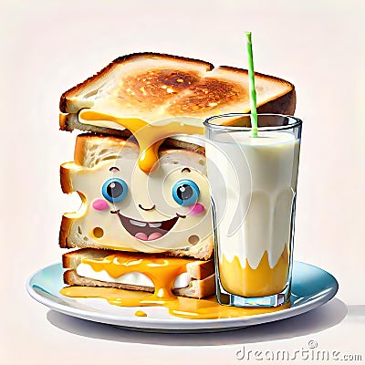 Toasted grilled cheese sandwich milk favorite fast food Cartoon Illustration