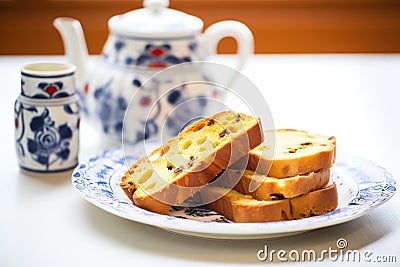 toasted panettone slices with butter on ceramic dish Stock Photo