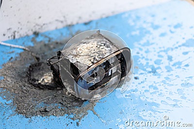 Toaster after fire. Household electrical appliance fire hazard Stock Photo
