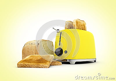 Toaster with toasted bread isolated on yellowgradient background Kitchen equipment Close up 3d Stock Photo