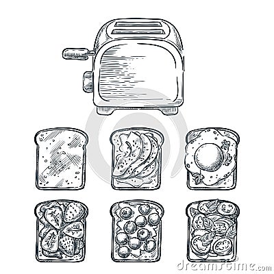 Toaster and various toppers on toasted bread. Cooking breakfast, vector sketch illustration. Brunch menu design elements Vector Illustration