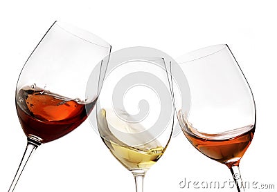 Toasting gesture red and white wine with splash, cheers close up with wine isolated Stock Photo