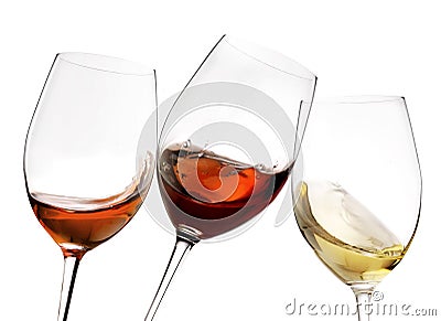 Toasting gesture red and white wine with splash, cheers close up with wine isolated Stock Photo