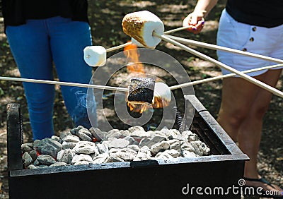 Toasting marshmallows on BBQ grill at park Stock Photo