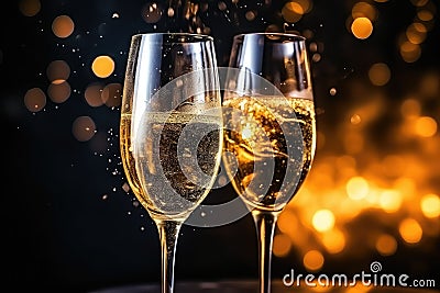 Toasting with Two Glasses of Champagne, New Years Lighting, Celebration Toast Sparkling Wine Glasses Stock Photo