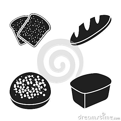 Toasts, a burger for a hamburger, a loaf of rifle bread, a rectangular rye bread. Bread set collection icons in black Vector Illustration