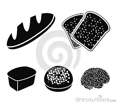 Toasts, a burger for a hamburger, a loaf of rifle bread, a rectangular rye bread. Bread set collection icons in black Vector Illustration
