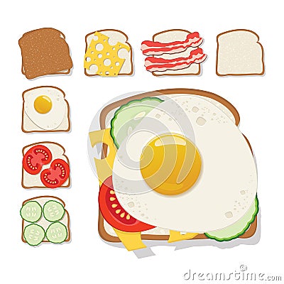 Toasts icon. Set of toast with cheese, cucumber, bacon, tomato Vector Illustration