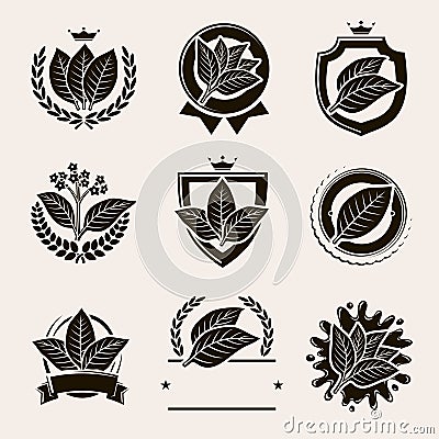 Tobacco leaf label and icons set. Vector Vector Illustration