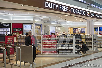 Tobacco section of duty free shop at Dubai International Airport Editorial Stock Photo
