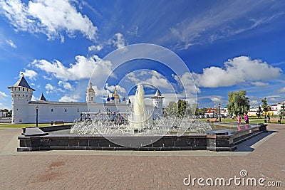 Fountain against the walls of the Kremlin in the Russian city of Tobolsk in Siberia Editorial Stock Photo