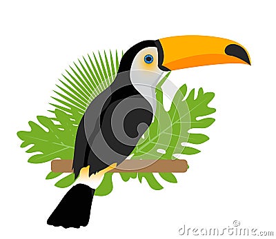 Toco toucan icon is a flat, cartoon style. Exotic bird sitting on a branch in the tropics. Isolated on white background Vector Illustration