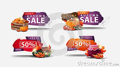 Today, autumn sale, -50% off, set of autumn discount web banners in abstract shapes with regged corners and autumn elements Vector Illustration