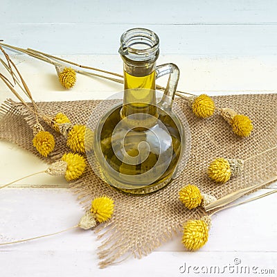 Today olive oil is marketed packaged in glass or plastic bottles Stock Photo