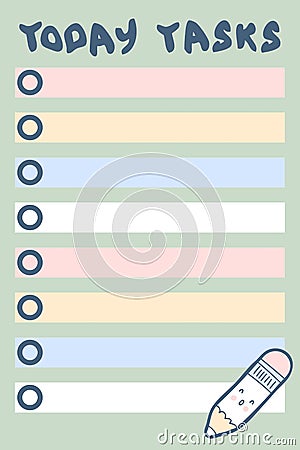 Today tasks checklist template with cute pencil. Business, education organizer concept for paper, stationery. Hand drawn vector Vector Illustration