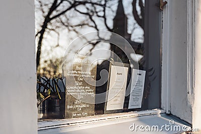 Todays lunch menu on a window of Mami restaurant in Turku, Finland in spring Editorial Stock Photo