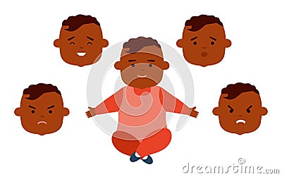 Toddler African American with different facial expressions. Vector Illustration