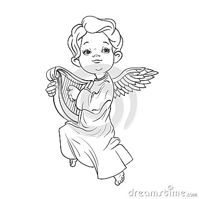 Toddler angel making music playing harp. Vector Illustration