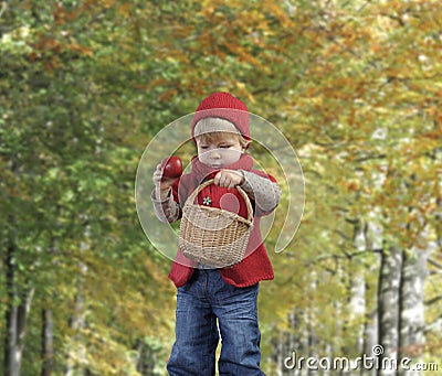 Toddler with apple and bakset,, outdoors Stock Photo