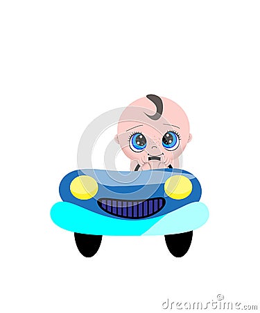 Toddler baby boy driving blue car Stock Photo