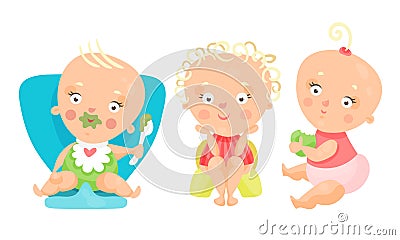 Toddler or Baby Eating and Sitting on Pottie Vector Illustration Set Vector Illustration